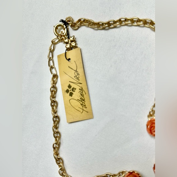 Necklace Gold-Tone Carved Rose Statement 17" + 3" extender Egyptian Gold, Pink - Picture 8 of 11